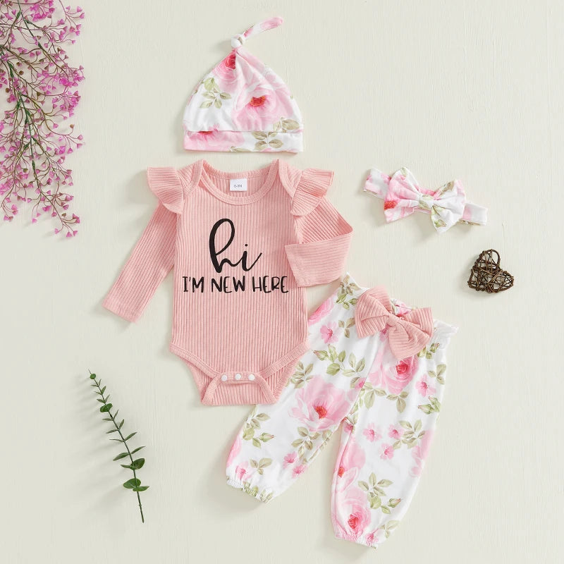 Baby Girls 4 Piece Outfit Letter Print Long Sleeve Romper Floral Print Pants Headband Hat Set Cute Clothes