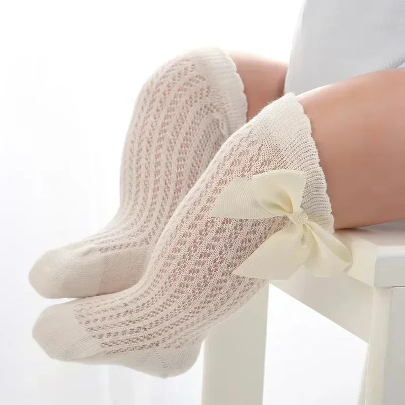 Cotton Baby Girl Socks With Big Bow Knee High Mesh 0to36M