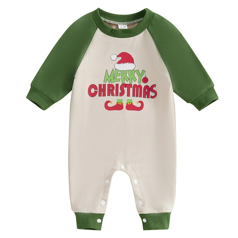 Infant Toddler Unisex Holiday Romper with Festive Santa Hat Print and Cozy Long Sleeves for Christmas Celebrations