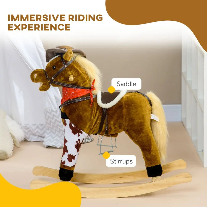 Baby Rocking Horse Large Riding Horse Plush Animal Rocker with Realistic Sound Saddle Toy for Boys and Girls Ages 3 to 8 Years Old Brown