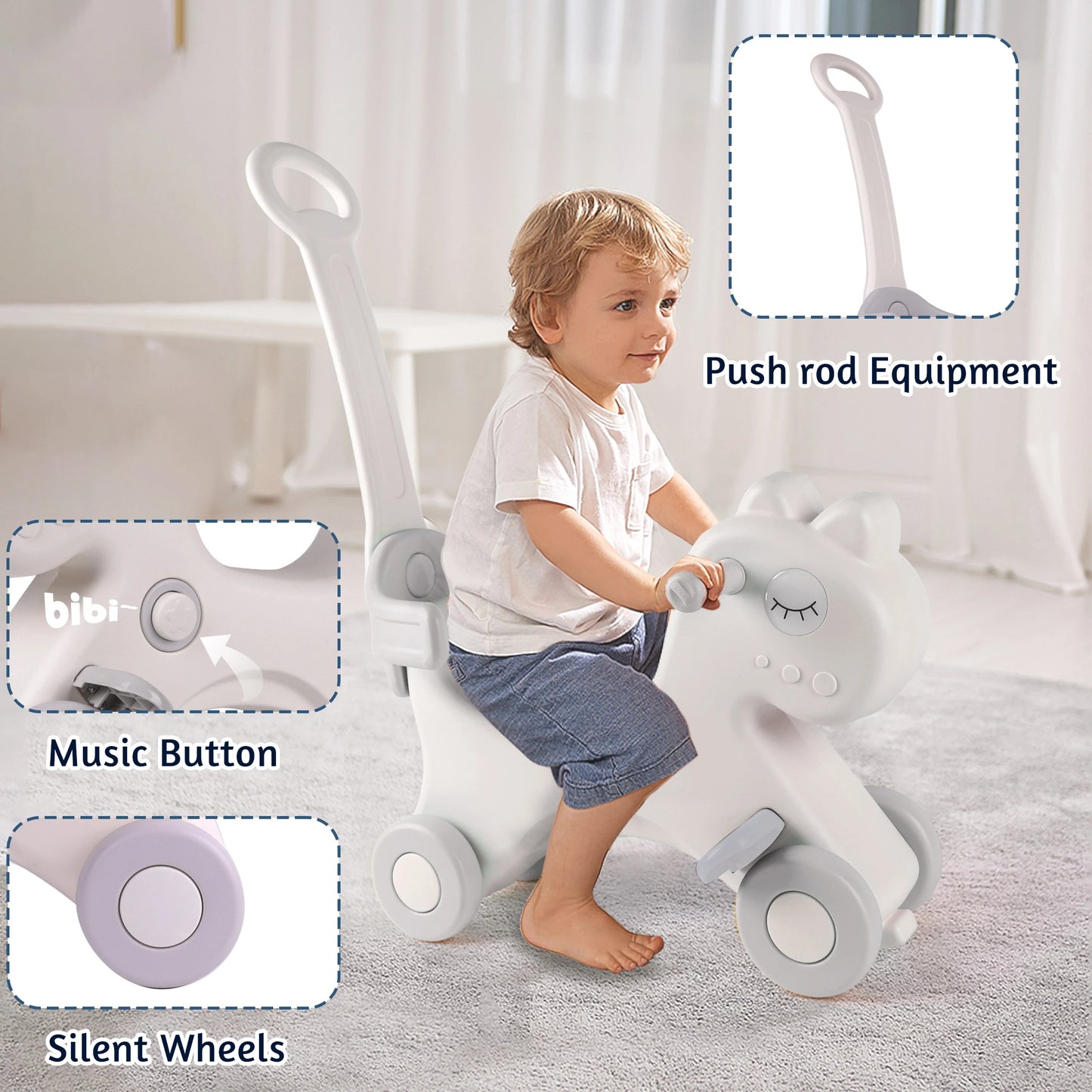 Rocking Horse Child Safety Push Handle Rocker for Toddlers 1 2 3 Years Old Kids Ride On Toy Birthday Gift for Girls and Boys