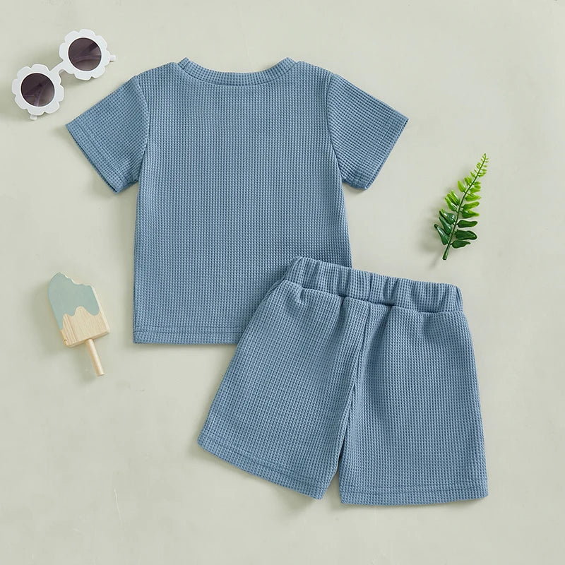 Infant Boy Waffle Knit Set Short Sleeve Tee And Solid Shorts