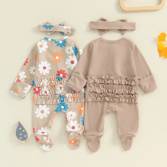 Toddler Girls Floral Ruffle Romper Set with Bow Headband Summer Outfit for Infants