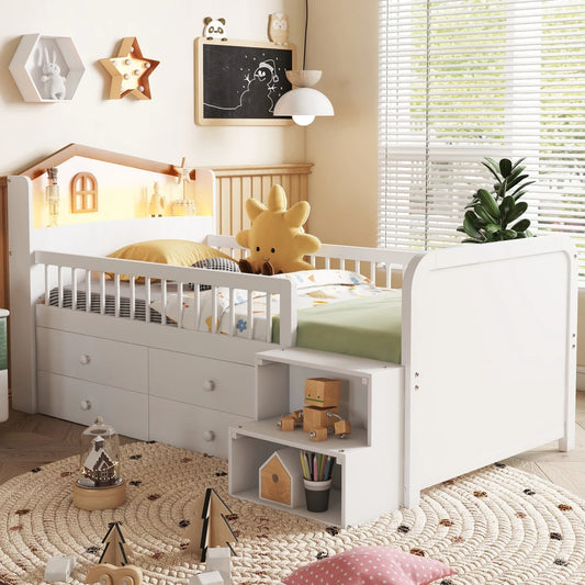 White Wooden Twin Loft Bed With LED Lights And Drawers
