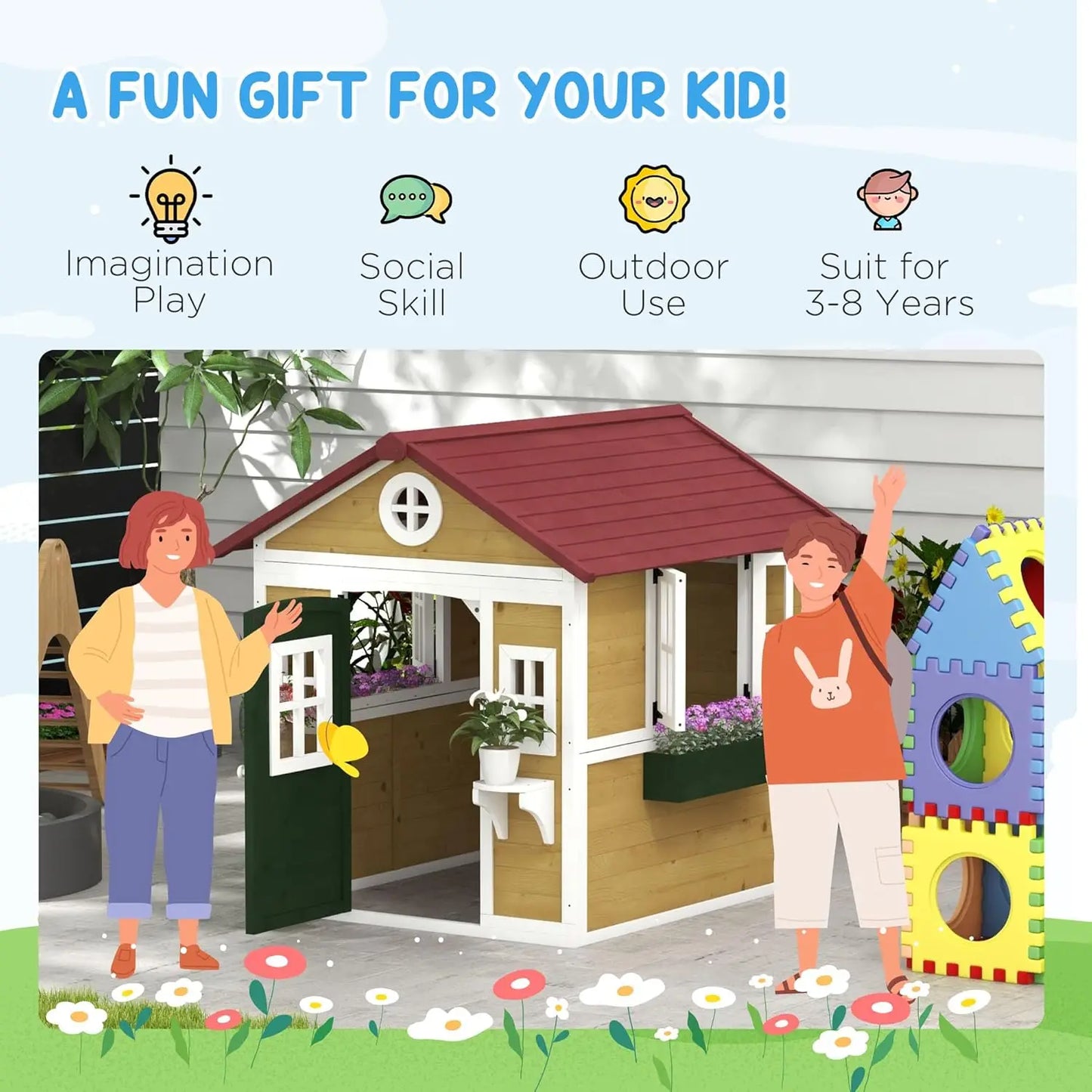 Beige Wooden Outdoor Playhouse For Toddlers 3 To 8 Years