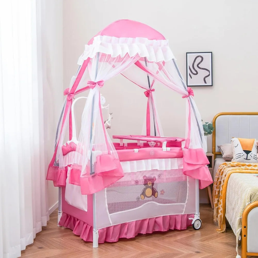 Portable 4 In 1 Playpen With Canopy And Bassinet Toys Music