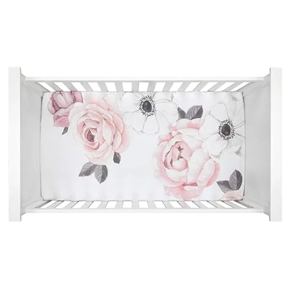 Floral Garden Watercolor Pink Linen 5 Piece Baby Crib Set
