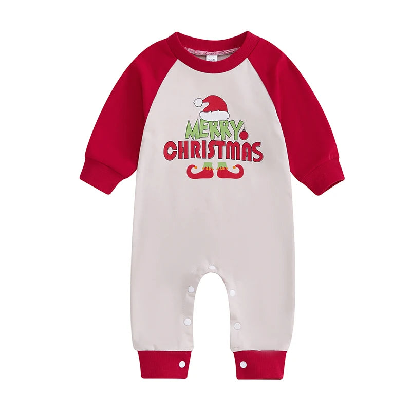 Infant Toddler Unisex Holiday Romper with Festive Santa Hat Print and Cozy Long Sleeves for Christmas Celebrations