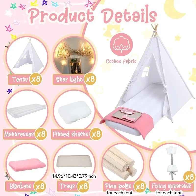 Kids Teepee Tent Set With Light String 8 Pcs Natural Cotton