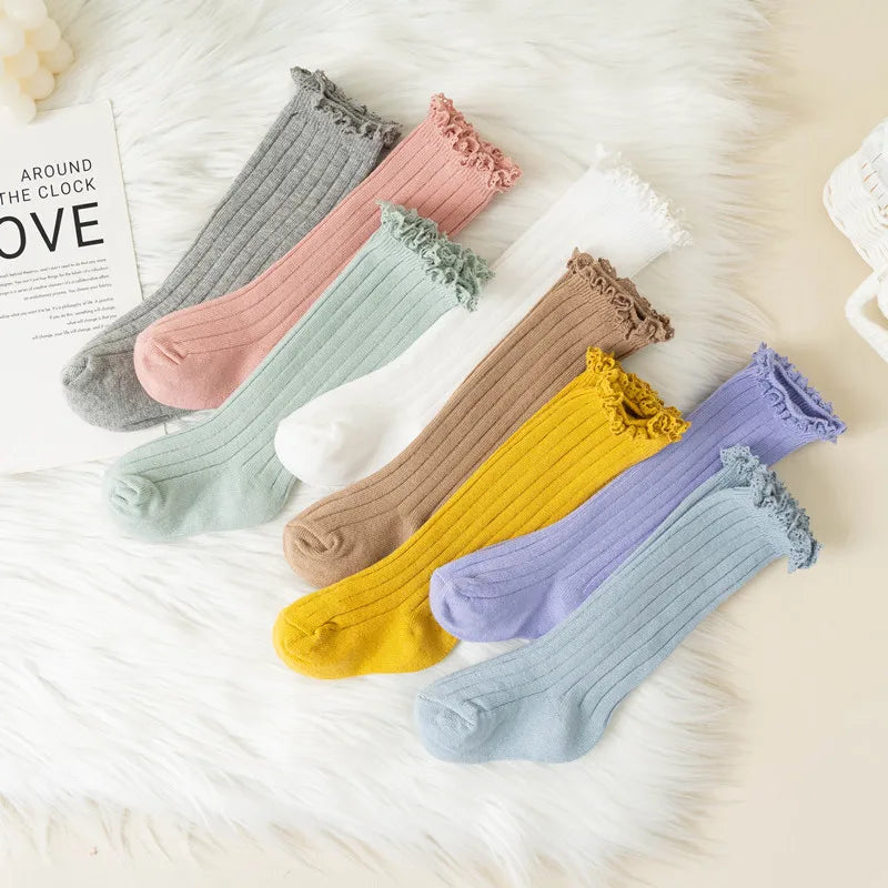 Ruffle Knee High Socks For Girls Cotton Lace Flower 0 To 8