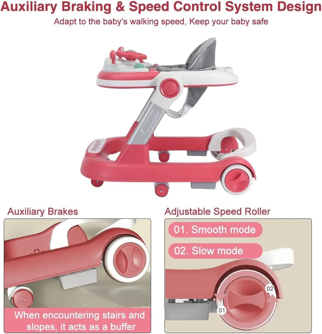 2 In 1 Baby Walker Toddler Push Walker With Removable Feeding Tray And Music Tray Foldable Walker