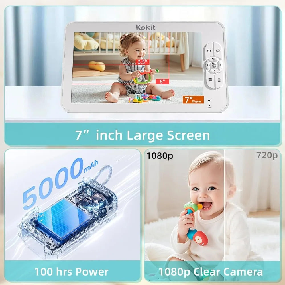 7 Inch 1080P Split Screen Baby Monitor No WiFi 100H Battery