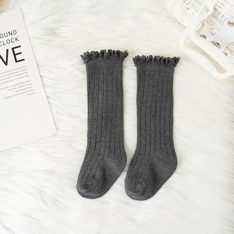 Ruffle Knee High Socks For Girls Cotton Lace Flower 0 To 8