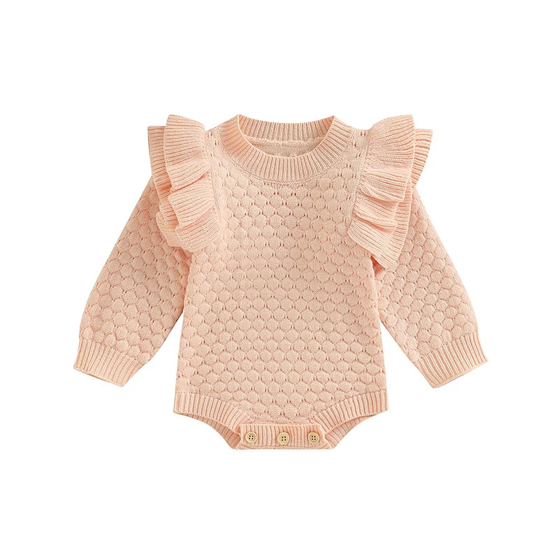 Adorable Baby Girls Knitted Ruffle Romper with Long Sleeves Solid Color Jumpsuit for Newborn Infant Toddler