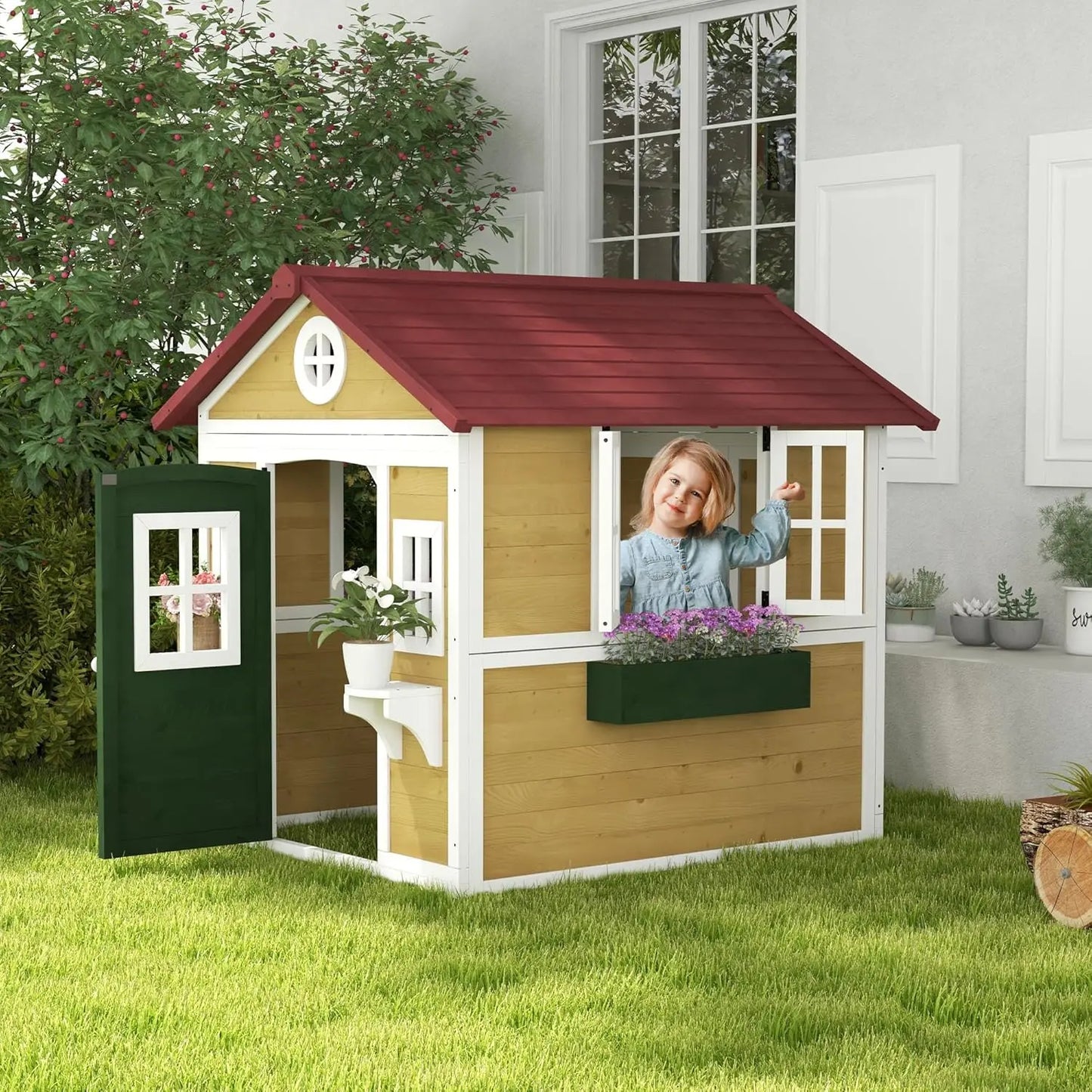 Beige Wooden Outdoor Playhouse For Toddlers 3 To 8 Years