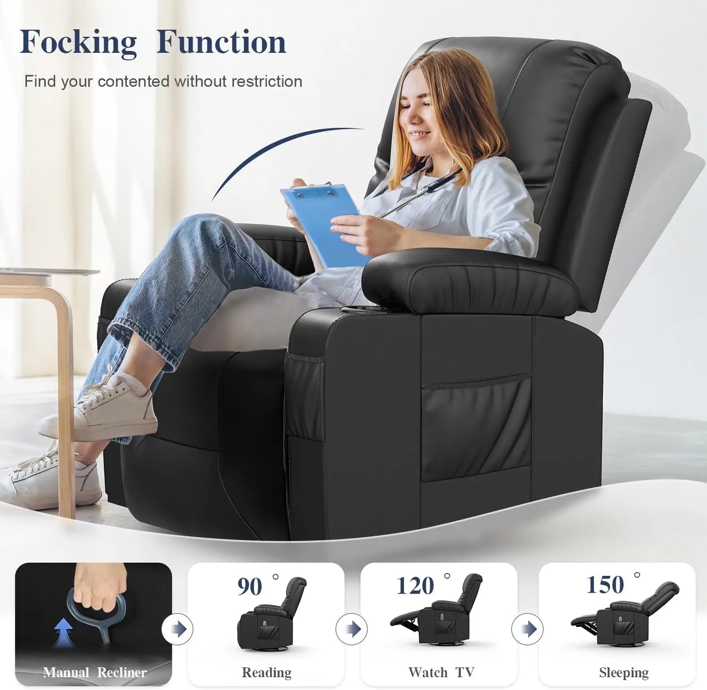 Recliner for Adults Massage Rocker Heated Lounge 360 Swivel
