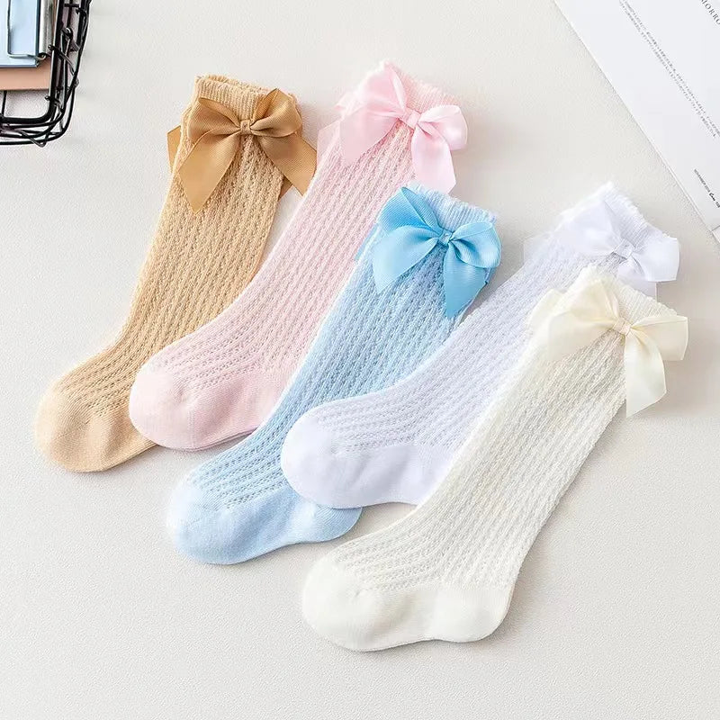 Cotton Baby Girl Socks With Big Bow Knee High Mesh 0to36M