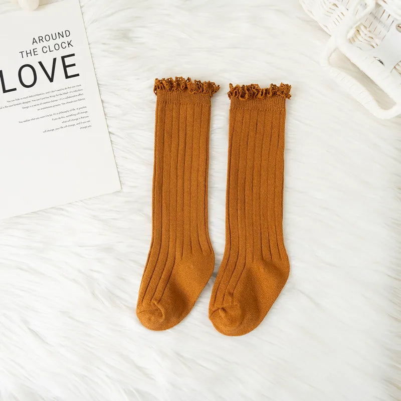 Ruffle Knee High Socks For Girls Cotton Lace Flower 0 To 8