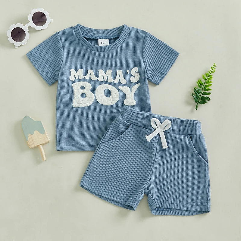 Infant Boy Waffle Knit Set Short Sleeve Tee And Solid Shorts