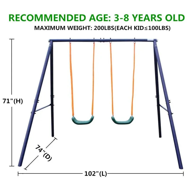Metal Swing Set for Kids Outdoor Heavy Duty Frame with Double Swings for Backyard Playground