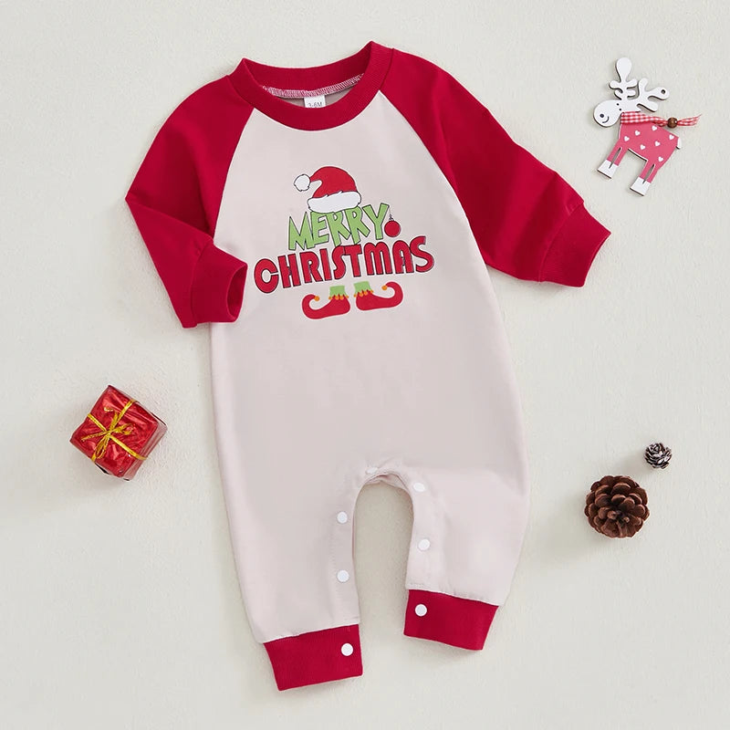 Infant Toddler Unisex Holiday Romper with Festive Santa Hat Print and Cozy Long Sleeves for Christmas Celebrations