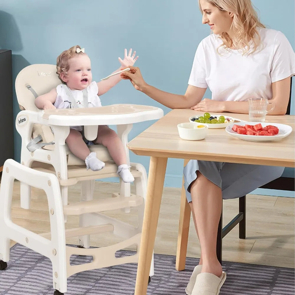5 In 1 Baby High Chair Convertible Toddler Table Chair Set Rocking Chair Multi Function Seat with Lockable Universal Wheels