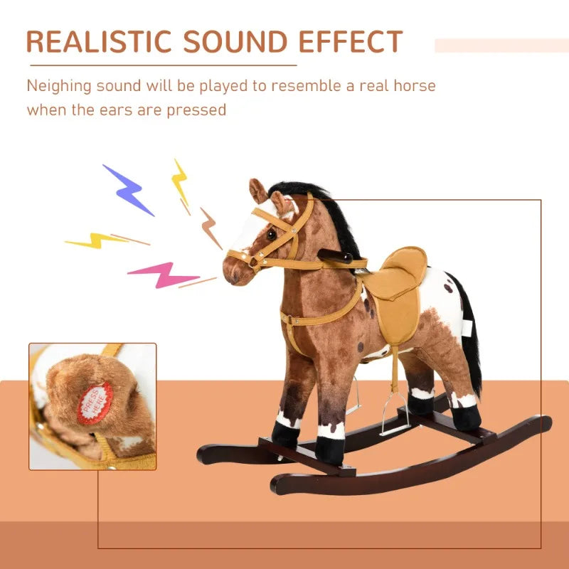 Kids Metal Plush Ride On Rocking Horse Chair Toy With Realistic Sounds Dark Brown White