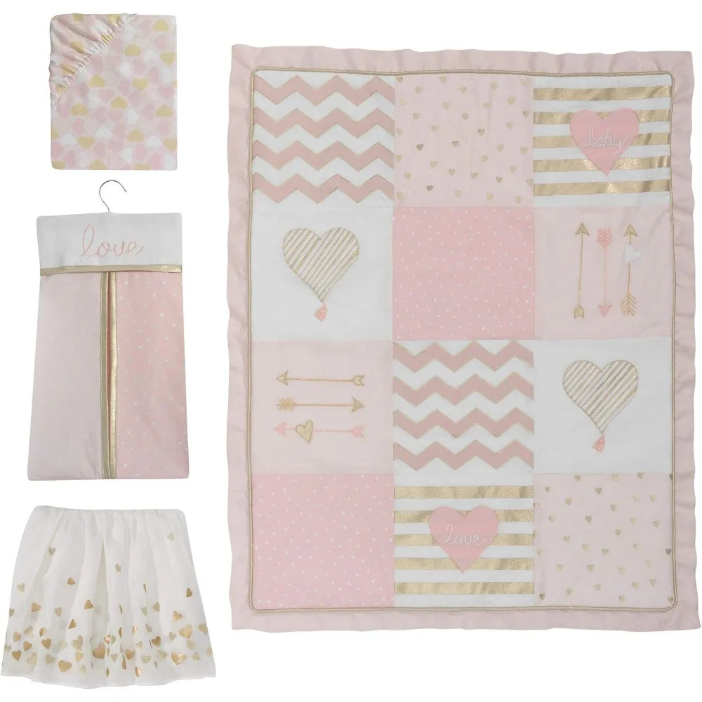 Pink Gold Girl Heart 4 Piece Crib Bedding Set Cotton