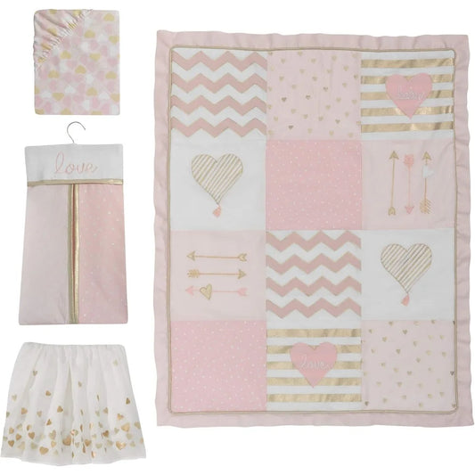 Pink Gold Girl Heart 4 Piece Crib Bedding Set Cotton