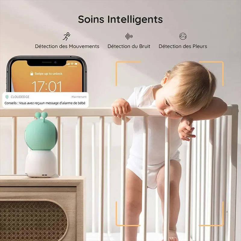 Boifun 2K 5 Inch Baby Monitor Camera with 360 Degree Rotation Phone App Colorful Night Lights Motion Monitoring Automatic Tracking