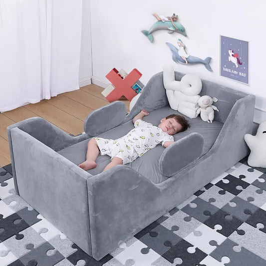 Gray Toddler Bed For Kids Crib Size With Safety Rail