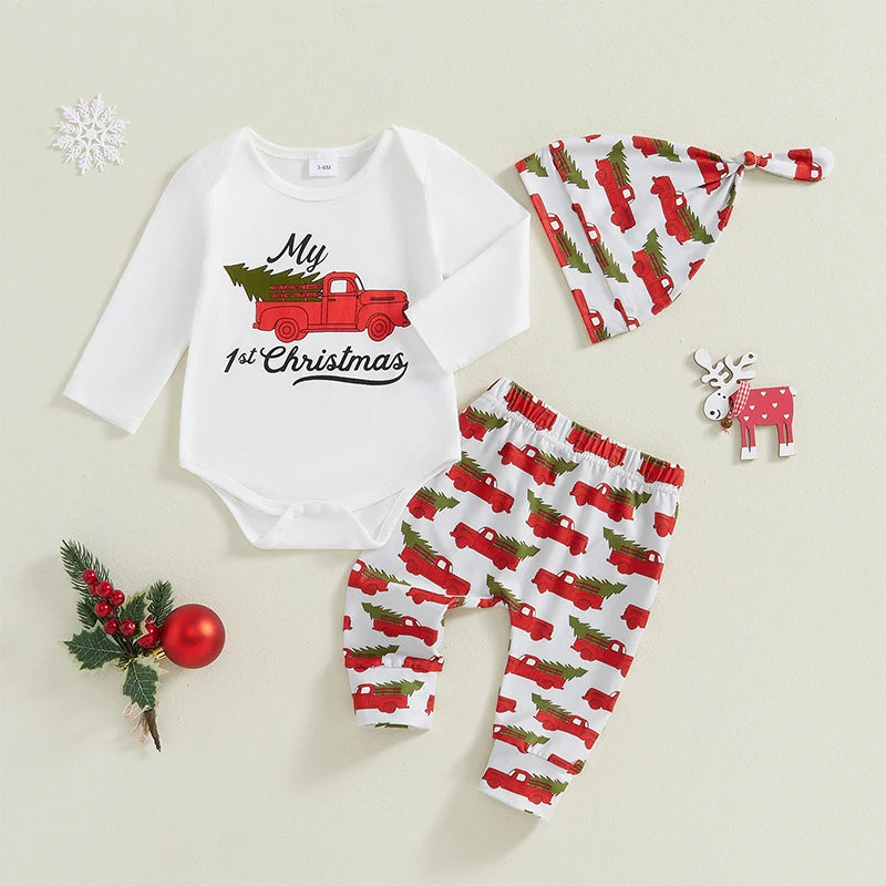 3 Pcs Baby Christmas Outfits Long Sleeve Truck Print Romper Pants Hat Set Infant Clothes