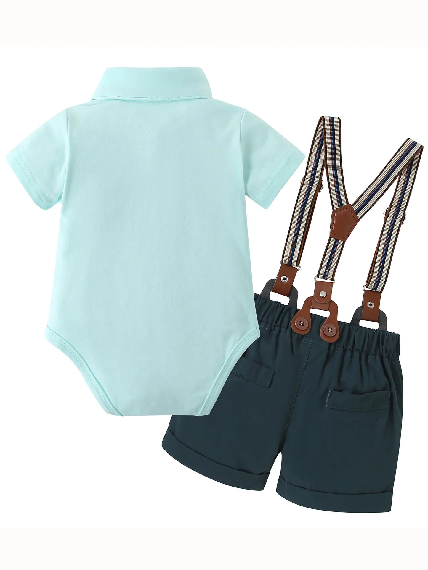 Infant Baby Boy Solid Color Gentleman Outfit Suit Summer Short Sleeve Bowtie Bodysuit Shirt and Suspender Shorts Set