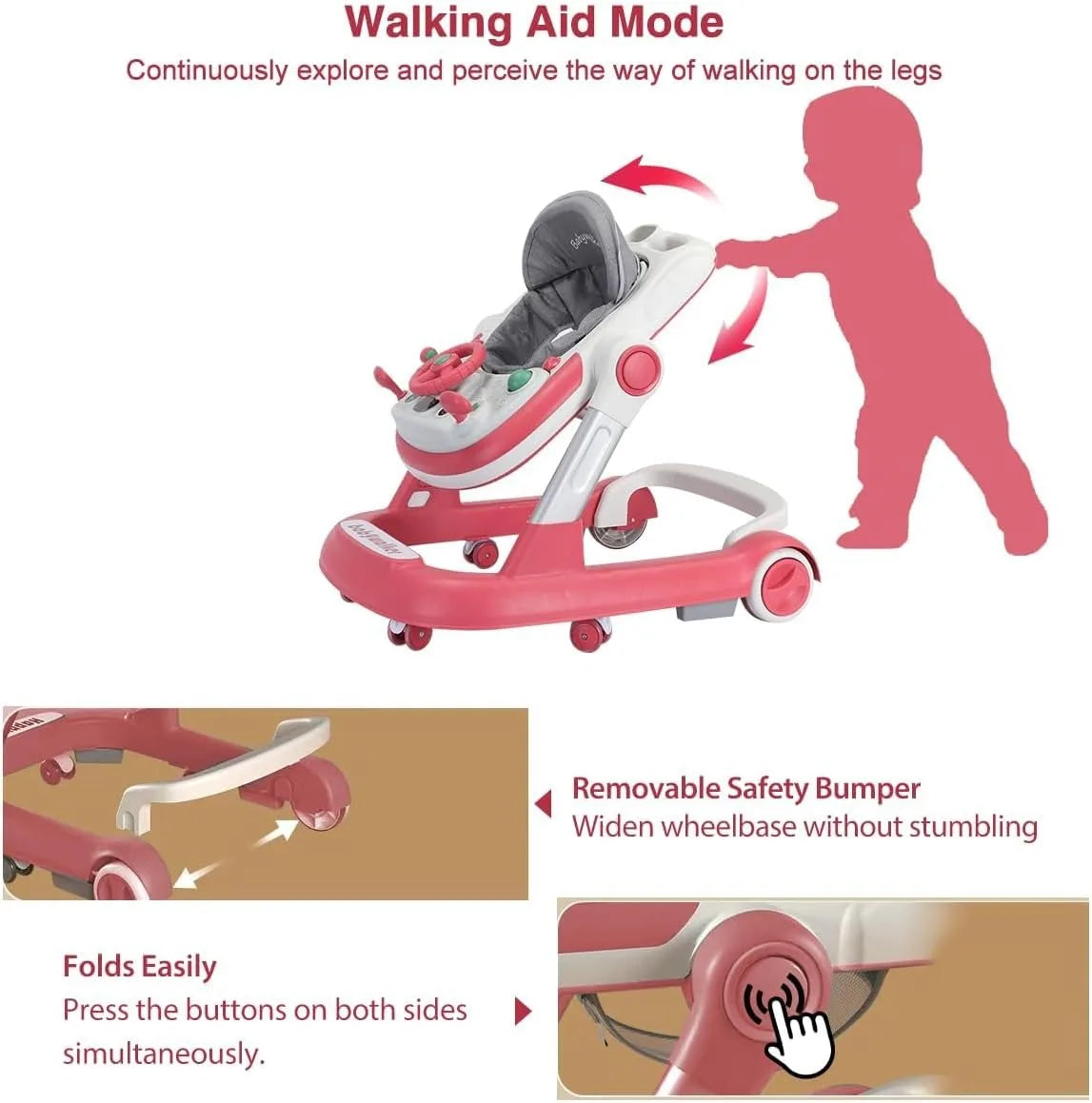 2 In 1 Baby Walker Toddler Push Walker With Removable Feeding Tray And Music Tray Foldable Walker