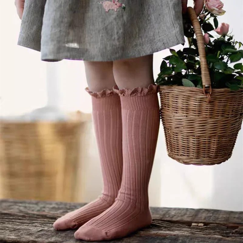 Ruffle Knee High Socks For Girls Cotton Lace Flower 0 To 8