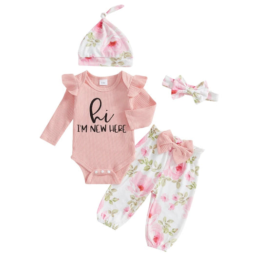 Baby Girls 4 Piece Outfit Letter Print Long Sleeve Romper Floral Print Pants Headband Hat Set Cute Clothes