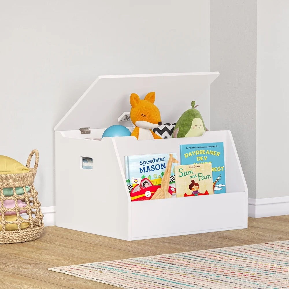 Kids Toy Storage Chest Organizer Playroom Box with Safety Hinges Front Bookrack Durable MDF Construction for Toddlers