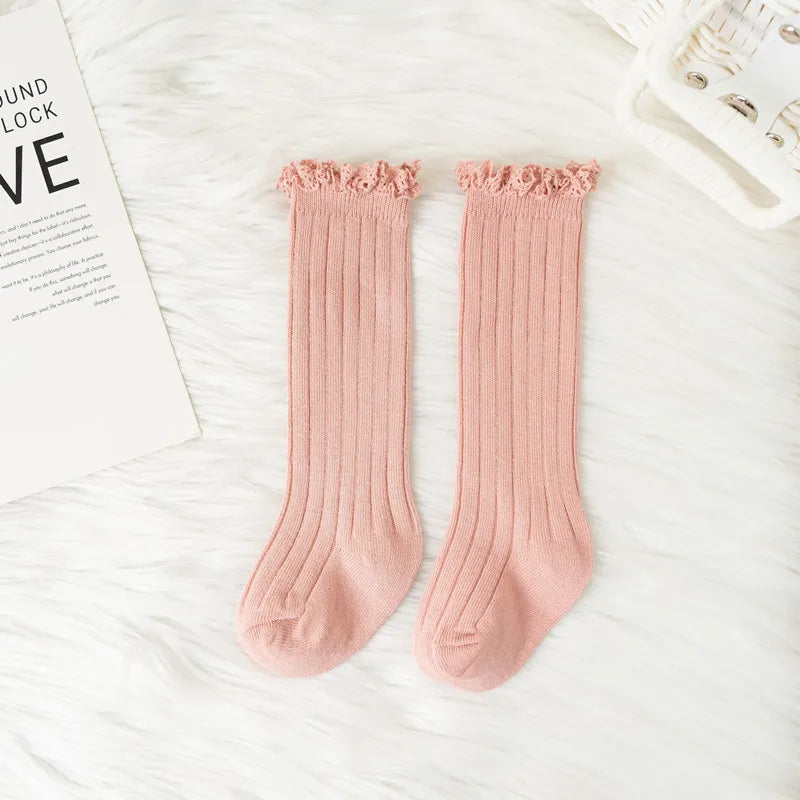 Ruffle Knee High Socks For Girls Cotton Lace Flower 0 To 8