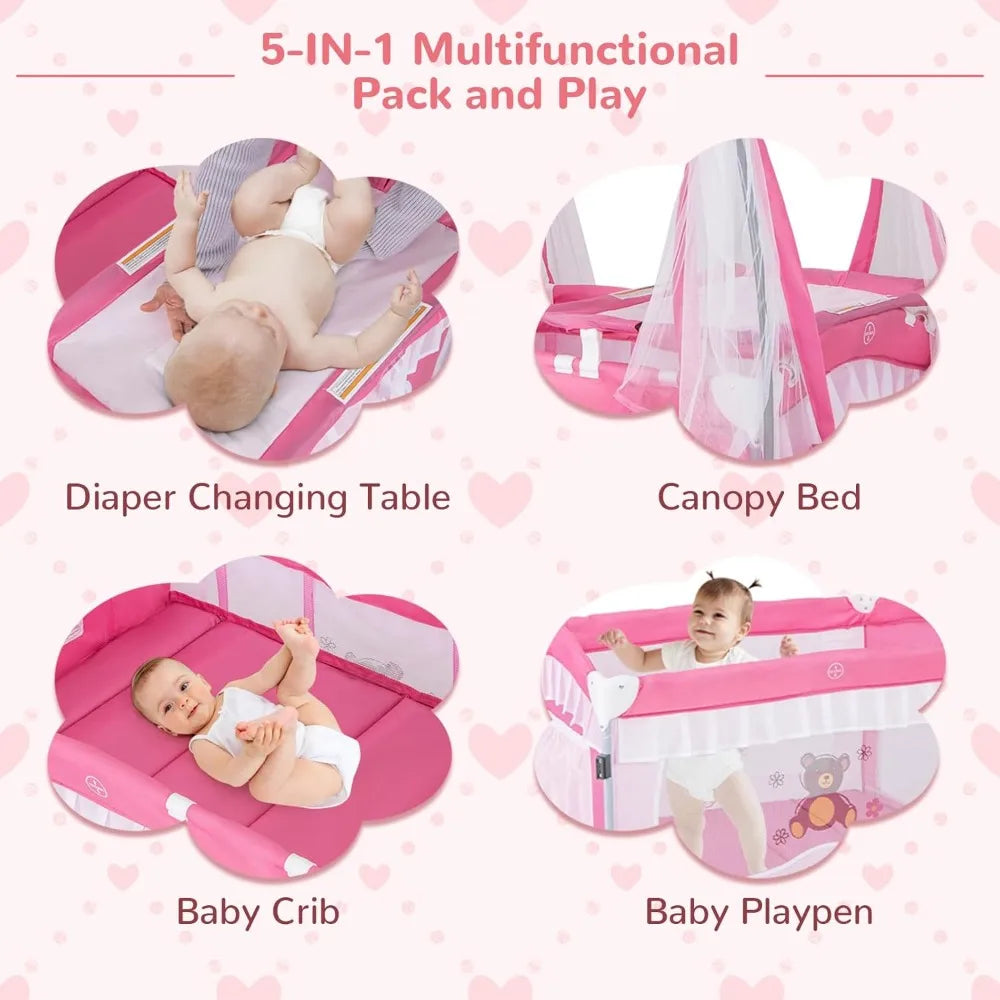 Portable 4 In 1 Playpen With Canopy And Bassinet Toys Music