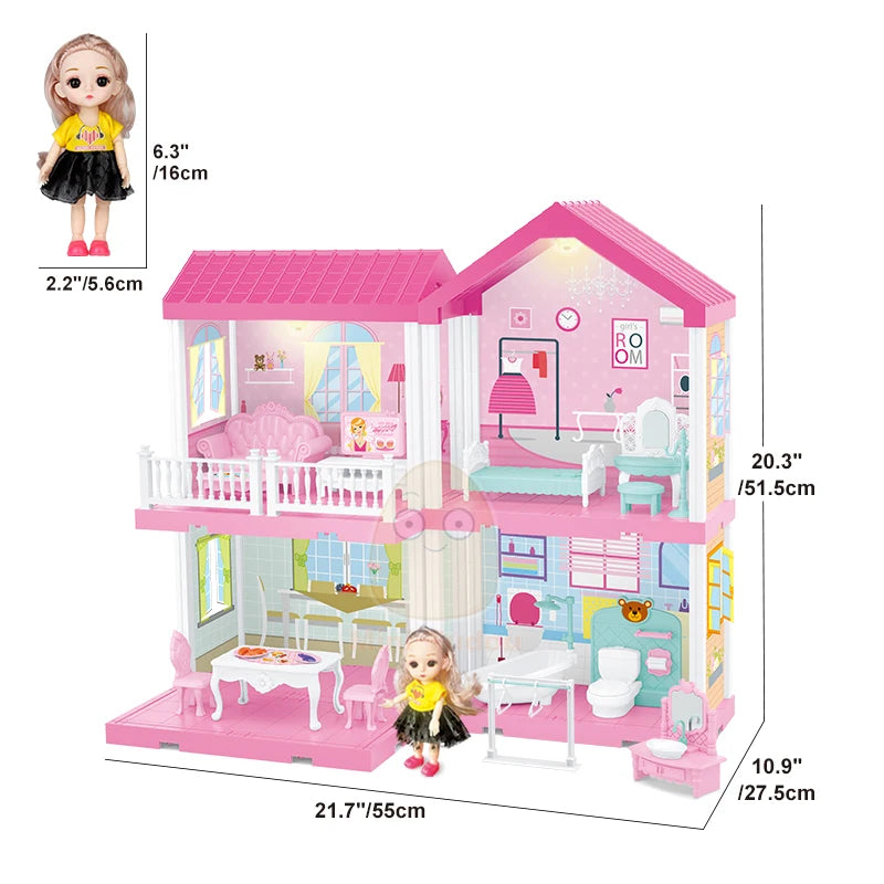 DIY Princess Big Villa Simulation Assembled Dollhouse Pink Castle Pretend Play Doll Game Educational Toy For Girl Birthday Gift