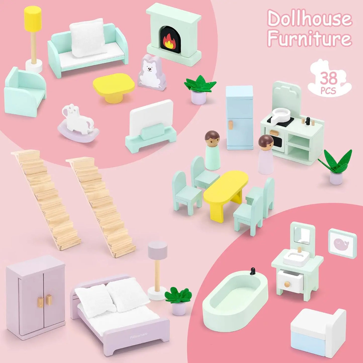 Wooden Dollhouse with 36Pcs Dollhouse Furniture Accessories, 7 Rooms Large Modern Doll House, Ideal Toy Gift for Girls Boys Todd