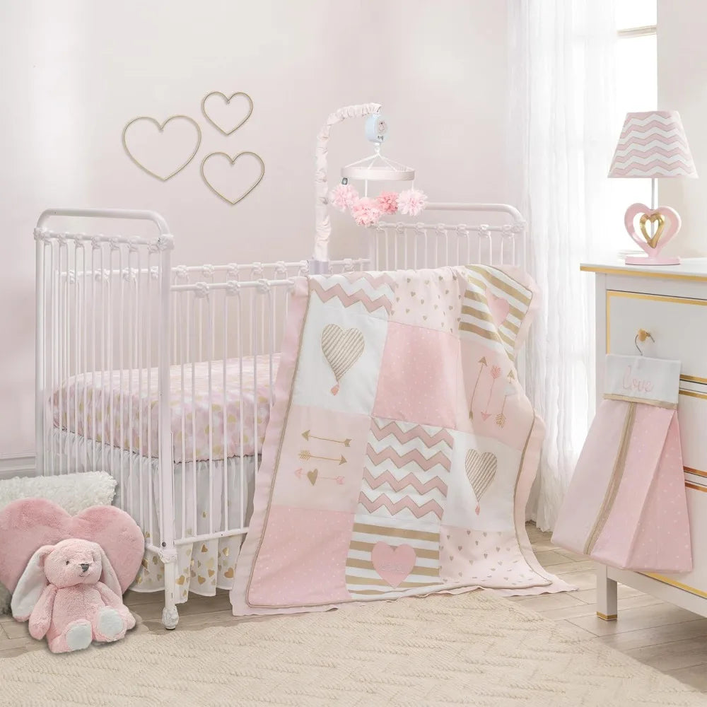 Pink Gold Girl Heart 4 Piece Crib Bedding Set Cotton