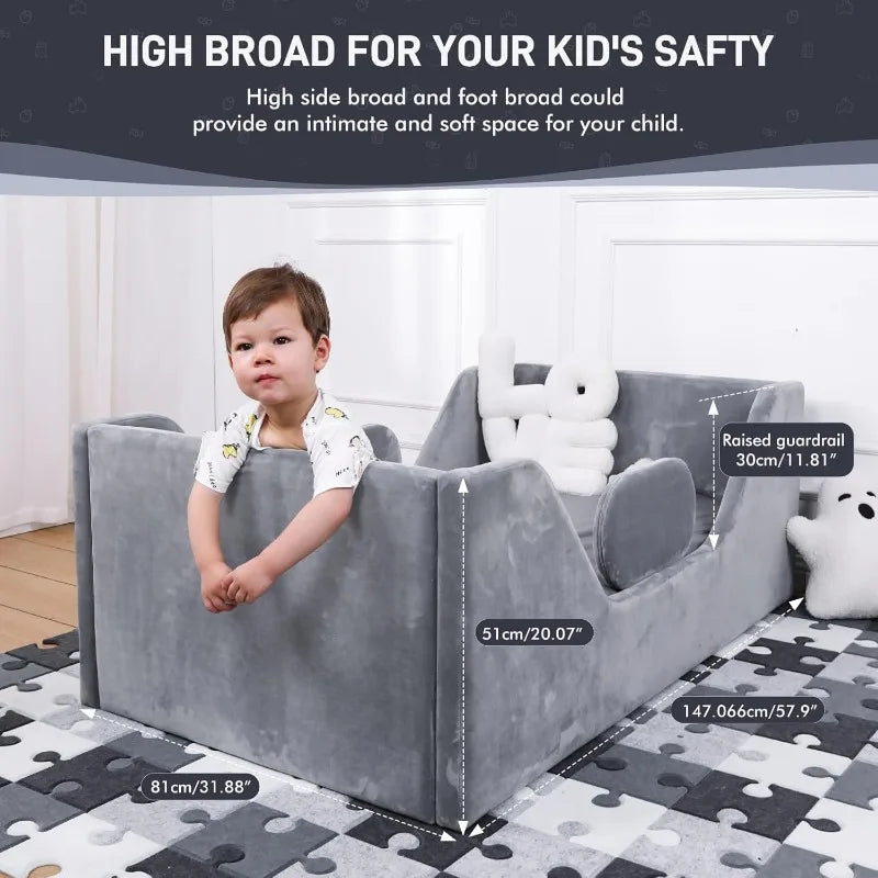 Gray Toddler Bed For Kids Crib Size With Safety Rail