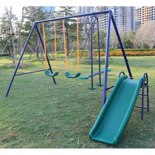 A-Frame Metal Swing Set with Slide in Blue Green and Orange for Kids Ages 3 to 14 Years
