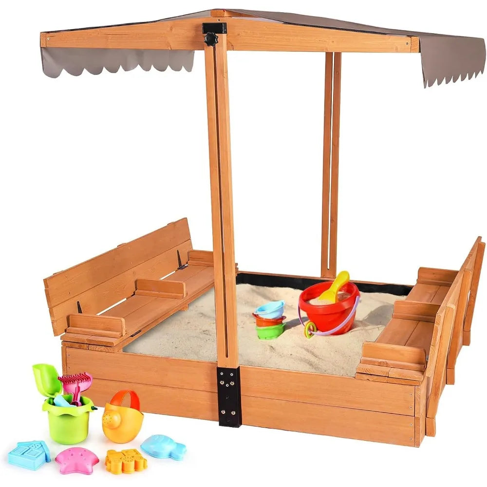 Kids Sandbox With Canopy And Foldable Bench Seats Outdoor