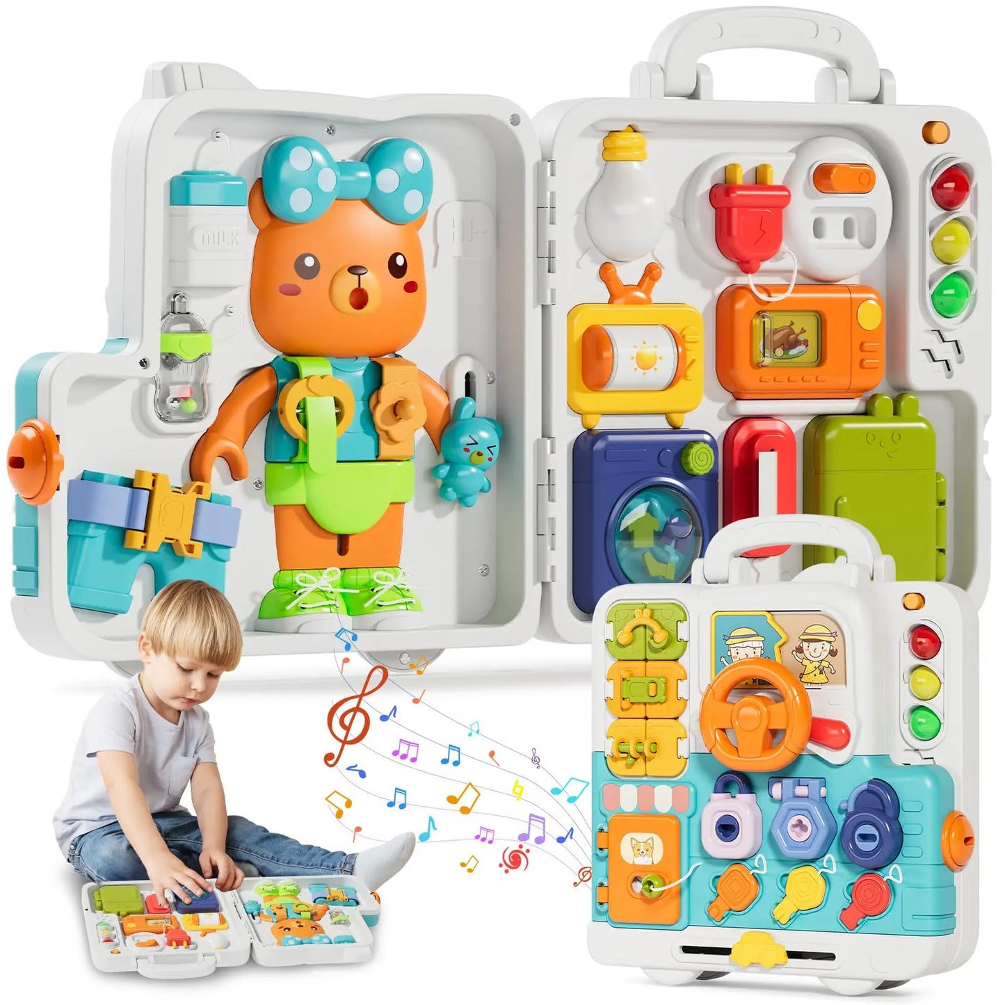 Toddler Musical Busy Board Kids Learning Sensory Toys Portable Montessori Gift for Ages 1 to 3 Boys and Girls