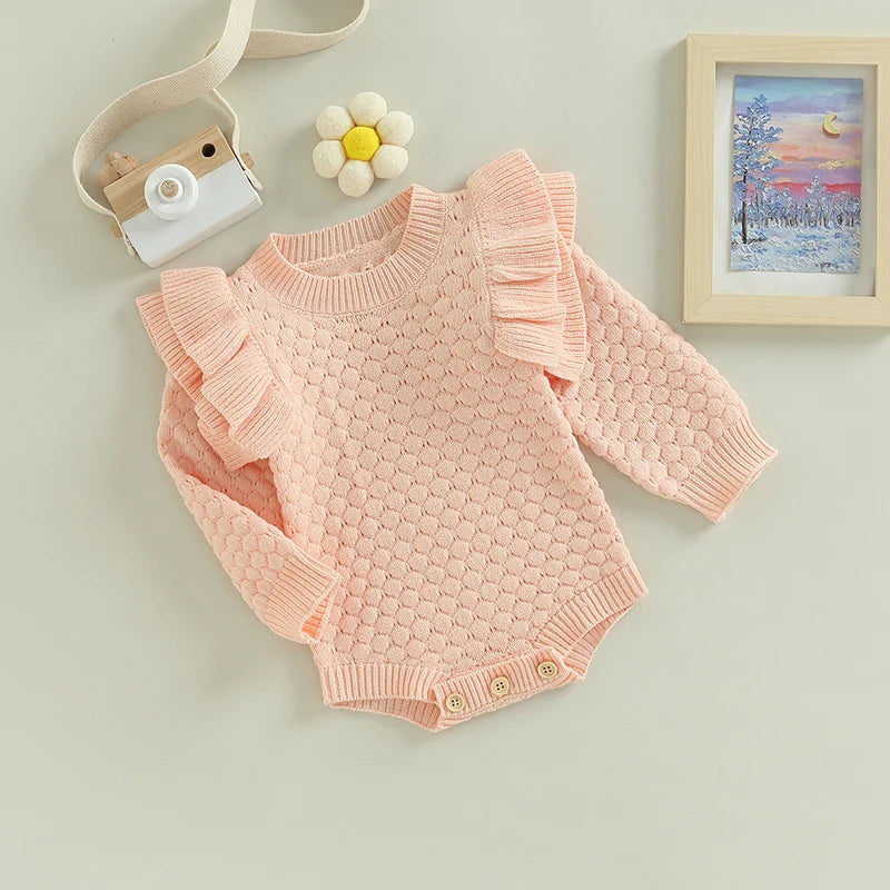 Adorable Baby Girls Knitted Ruffle Romper with Long Sleeves Solid Color Jumpsuit for Newborn Infant Toddler