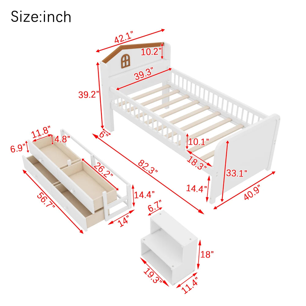White Wooden Twin Loft Bed With LED Lights And Drawers