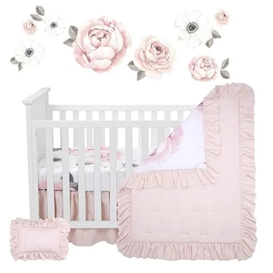 Floral Garden Watercolor Pink Linen 5 Piece Baby Crib Set