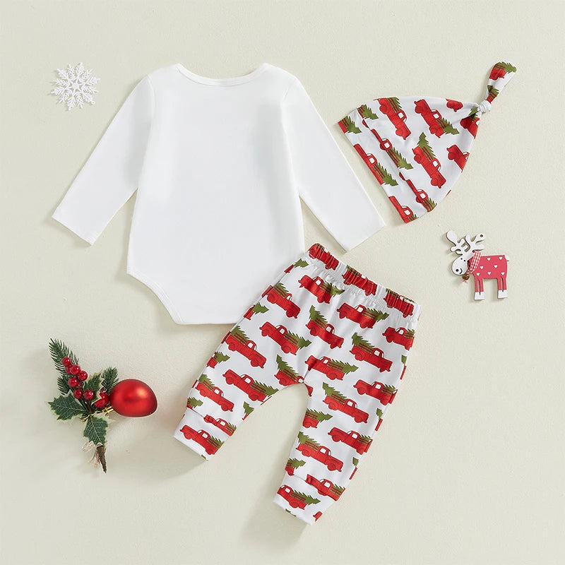 3 Pcs Baby Christmas Outfits Long Sleeve Truck Print Romper Pants Hat Set Infant Clothes
